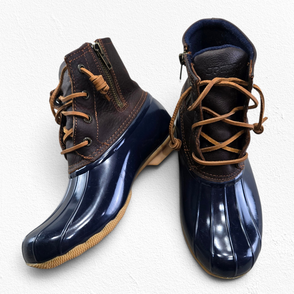Sperry Navy Brown Leather Waterproof Saltwater Duck Boots Size 6M STS91175 Box